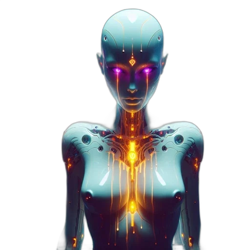 robot, jewelry, dress, face, cyberpunk, concept art, 3d render, vaporwave transparent PNG cut-out