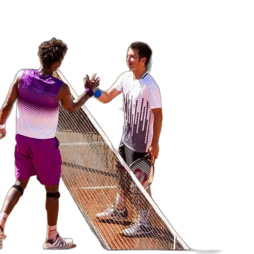3d render, two, tennis, players, shaking, hands, clay, court transparent PNG cut-out