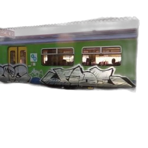 photorealistic, concept art, 3d render, green, train, graffiti, side, parked transparent PNG cut-out