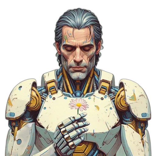 robot, face, crown, sword, concept art, fantasy art, comic book art, pixel art transparent PNG cut-out