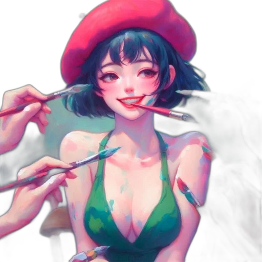 hat, dress, weapon, watercolor, oil painting, concept art, anime, neon lights transparent PNG cut-out