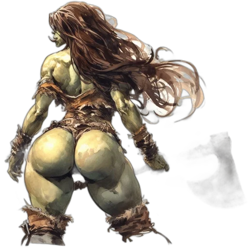 concept art, fantasy art, comic book art, watercolor, green, earth tones, orcish, woman transparent PNG cut-out
