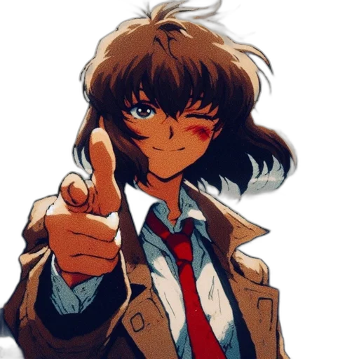 jacket, staff, weapon, face, anime, pixel art, concept art, vaporwave transparent PNG cut-out