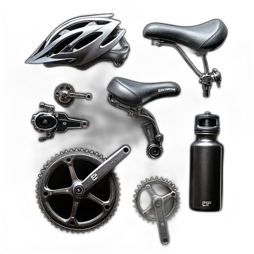 collection, various, cycling, accessories, displayed, against, black, background transparent PNG cut-out