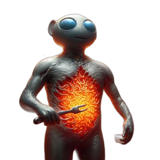 robot, creature, animal, staff, 3d render, concept art, fire, outer space transparent PNG cut-out
