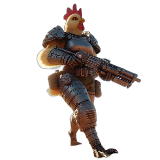 weapon, animal, creature, 3d render, concept art, pixel art, humanoid, chicken transparent PNG cut-out