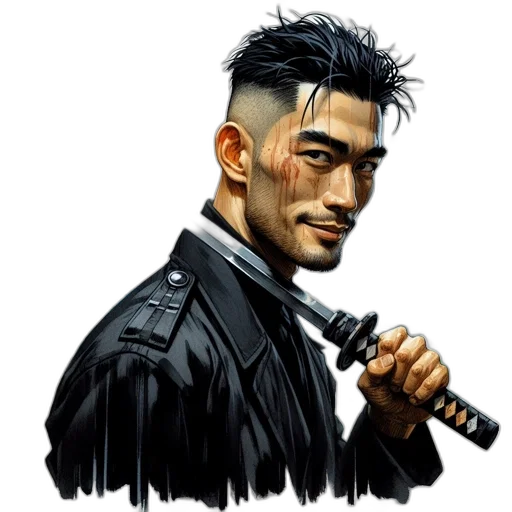 staff, face, weapon, jacket, cyberpunk, concept art, photorealistic, pixel art transparent PNG cut-out