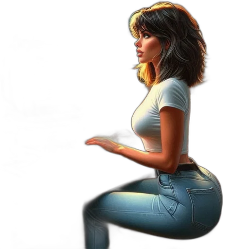 concept art, cartoon, comic book art, photorealistic, woman, sits, retro, desk transparent PNG cut-out