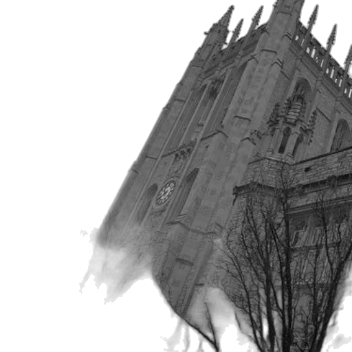 building, concept art, photorealistic, 3d render, fantasy art, fog, black, white transparent PNG cut-out