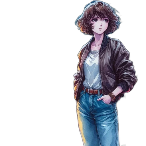 jacket, robot, staff, watercolor, concept art, anime, vaporwave, neon lights transparent PNG cut-out