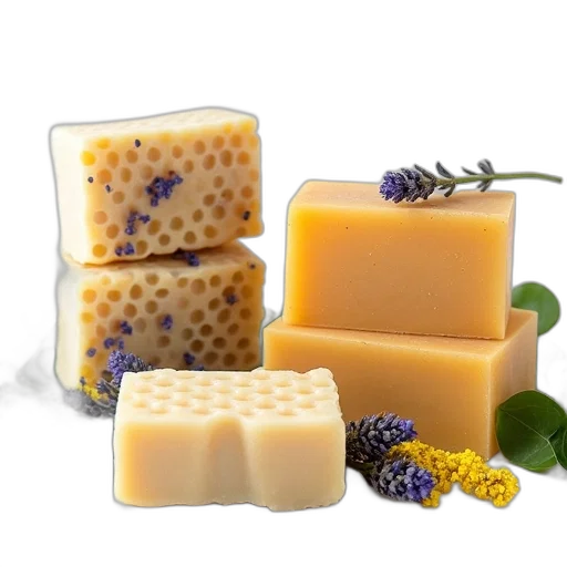 food, variety, soap, bars, neatly, arranged, white, surface transparent PNG cut-out