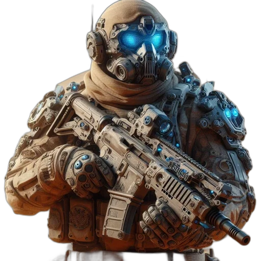 weapon, mask, robot, face, concept art, 3d render, photorealistic, pixel art transparent PNG cut-out