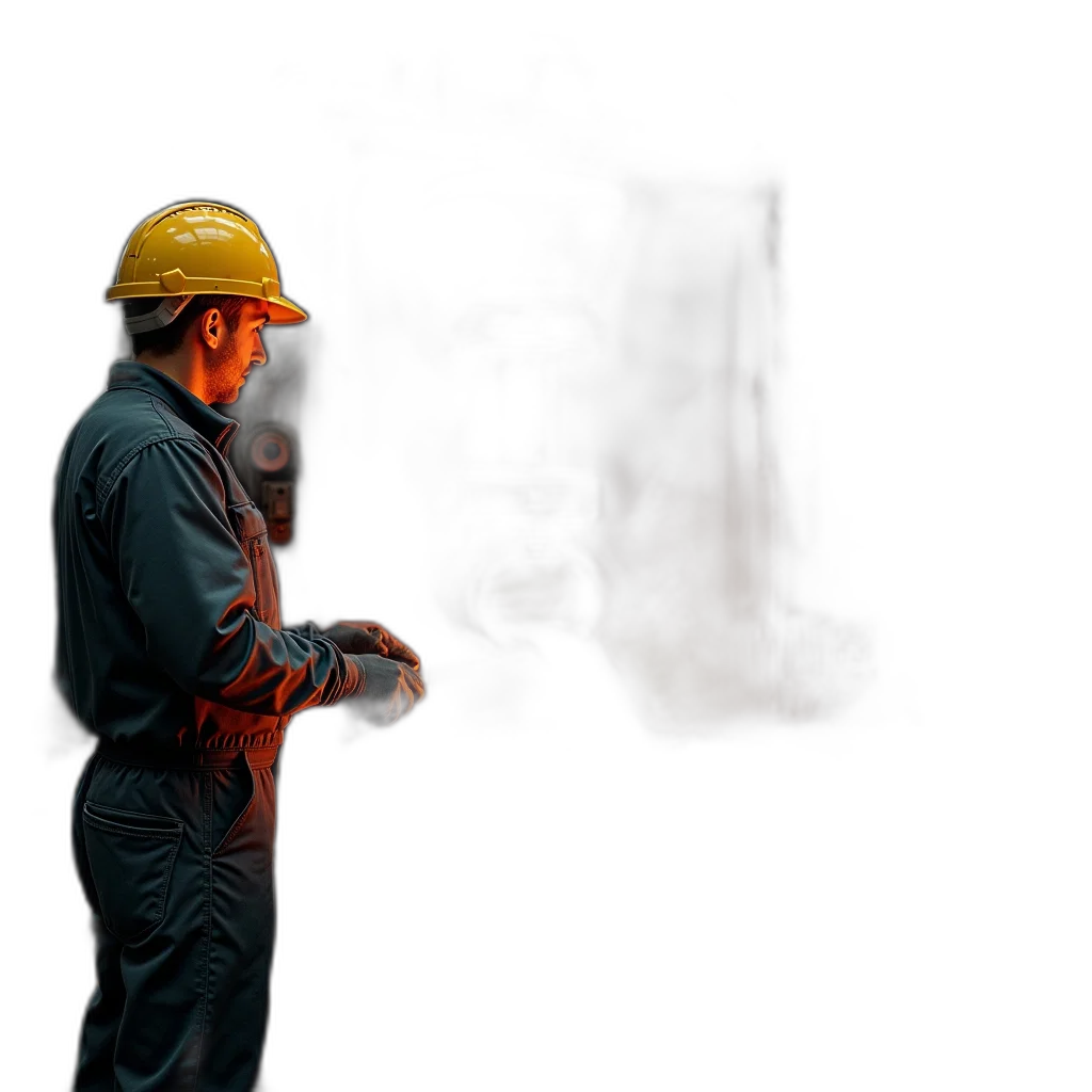 staff, robot, hat, face, fire, night, forest, worker transparent PNG cut-out