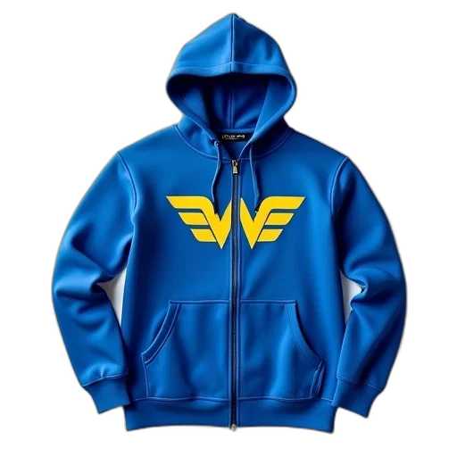jacket, blue, hoodie, yellow, logo, front, zipper, displayed transparent PNG cut-out