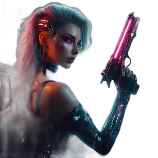 weapon, cyberpunk, concept art, fantasy art, comic book art, neon lights, neon, blue transparent PNG cut-out