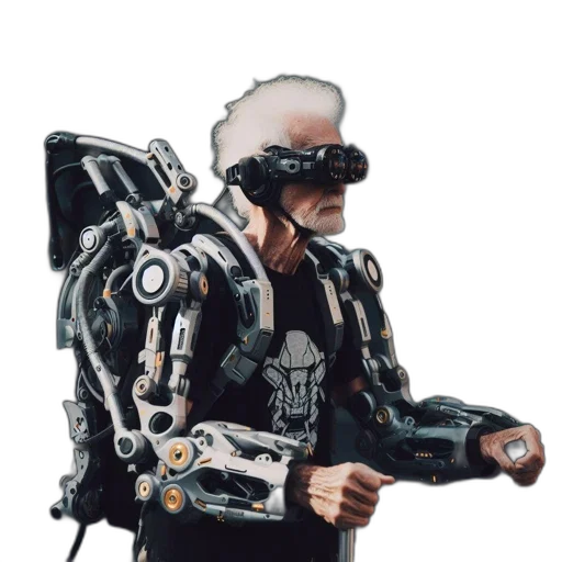 robot, staff, jacket, face, cyberpunk, concept art, 3d render, pixel art transparent PNG cut-out