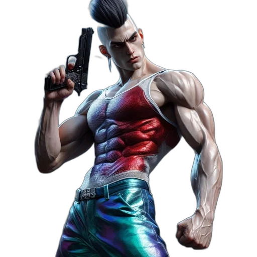weapon, concept art, cyberpunk, comic book art, 3d render, athletic, man, mohawk transparent PNG cut-out