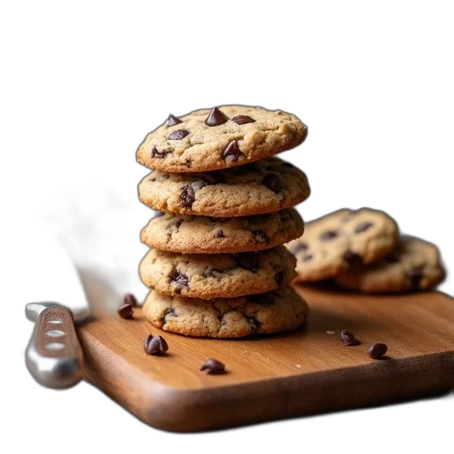 food, photorealistic, 3d render, stack, chocolate, chip, cookies, wooden transparent PNG cut-out