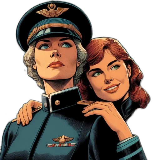 staff, comic book art, concept art, cartoon, photorealistic, two, women, one transparent PNG cut-out