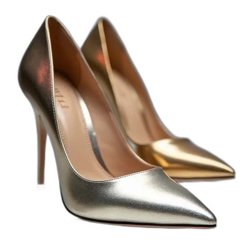 shoes, golden, pair, high-heeled, metallic, finish, displayed, reflective transparent PNG cut-out