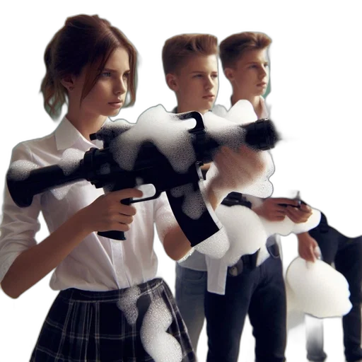 weapon, jacket, concept art, 3d render, photorealistic, cartoon, four, youths transparent PNG cut-out