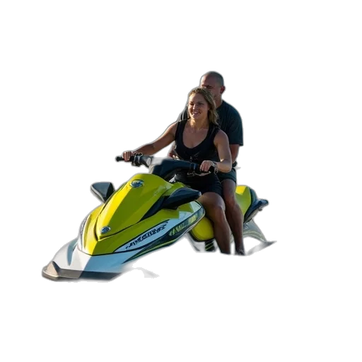 3d render, photorealistic, concept art, couple, riding, their, kawasaki, jet transparent PNG cut-out