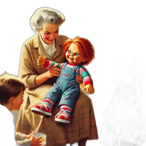 photorealistic, oil painting, concept art, elderly, woman, shows, chucky, doll transparent PNG cut-out