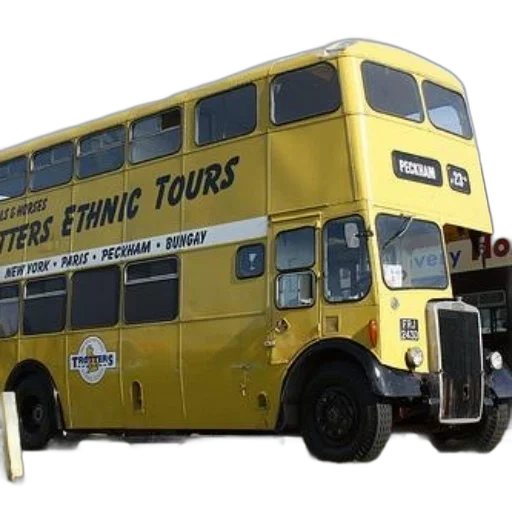 yellow, double-decker, bus, ethnic, tours, written, side, parked transparent PNG cut-out