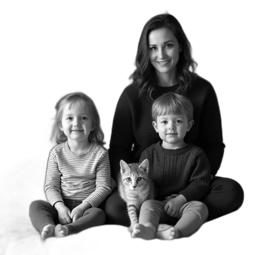monochrome, black, white, photograph, woman, two, children, sitting transparent PNG cut-out