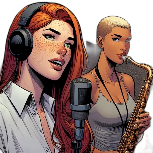 comic book art, concept art, cartoon, two, women, perform, studio, one transparent PNG cut-out