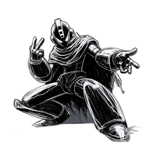 jacket, robot, mask, comic book art, concept art, cartoon, cyberpunk, monochrome transparent PNG cut-out