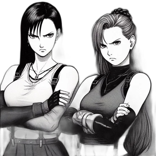 comic book art, concept art, anime, fantasy art, monochrome, two, fierce-looking, animated transparent PNG cut-out