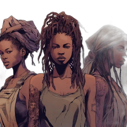 comic book art, concept art, fantasy art, earth tones, golden, three, diverse, women transparent PNG cut-out