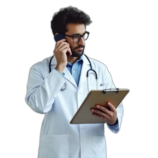 staff, man, white, coat, talking, his, phone, holding transparent PNG cut-out