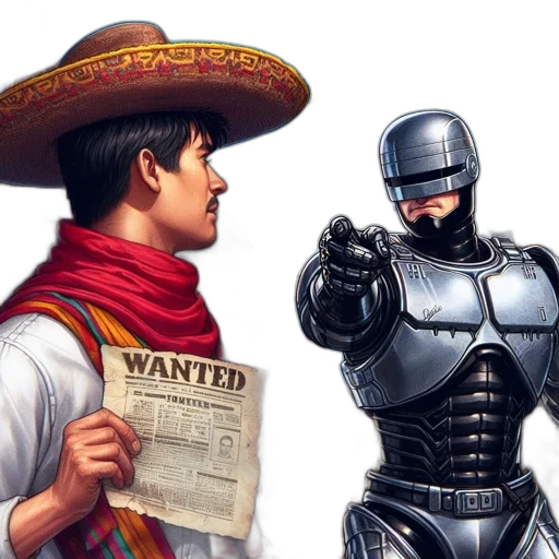 robot, comic book art, concept art, photorealistic, western, town, man, wears transparent PNG cut-out