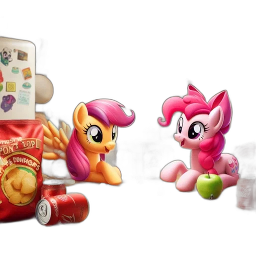 3d render, scootaloo, pinkie, pie, sit, kitchen, table, amidst transparent PNG cut-out