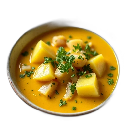 food, bowl, creamy, yellow, curry, chunks, potatoes, onions transparent PNG cut-out