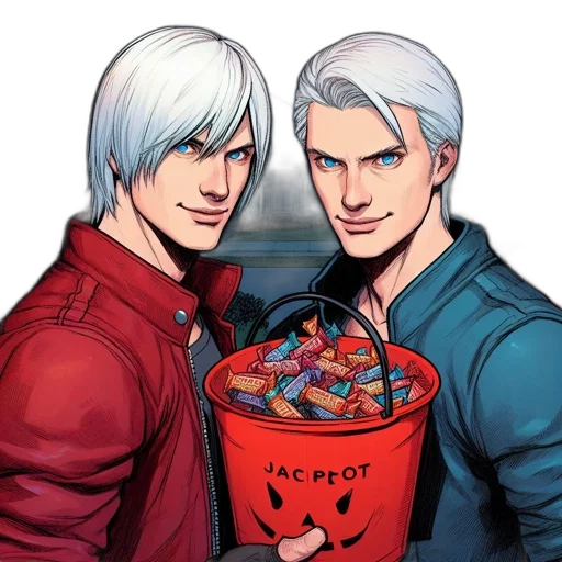 comic book art, concept art, pixel art, cartoon, red, two, silver-haired, animated transparent PNG cut-out