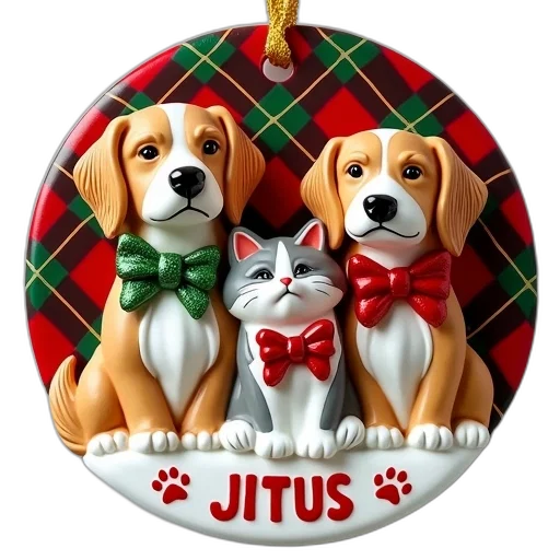 festive, christmas, ornament, featuring, two, dogs, cat, wearing transparent PNG cut-out