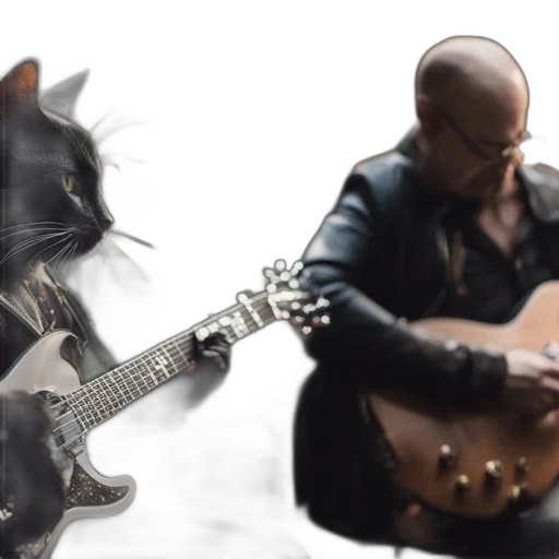 photorealistic, anthropomorphic, cat, plays, guitar, while, similarly, attired transparent PNG cut-out