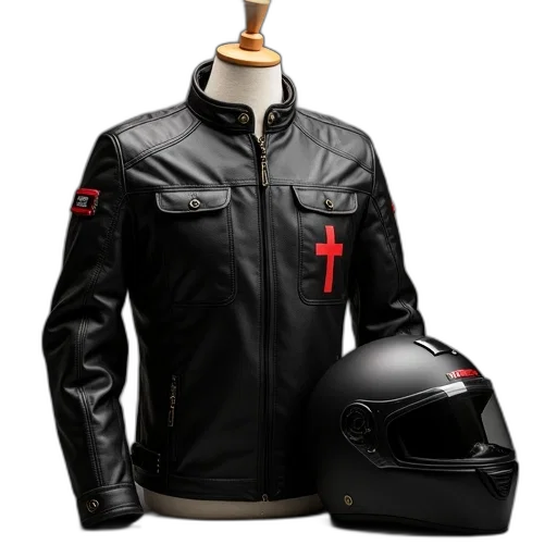 jacket, cyberpunk, concept art, 3d render, black, motorcycle, red, cross transparent PNG cut-out