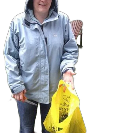 jacket, staff, umbrella, photorealistic, person, gray, holds, yellow transparent PNG cut-out