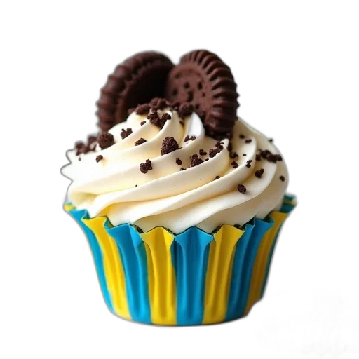 food, crown, photorealistic, 3d render, cupcake, blue, yellow, striped transparent PNG cut-out
