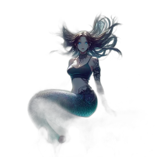 creature, dress, hair, concept art, watercolor, fantasy art, pixel art, underwater transparent PNG cut-out