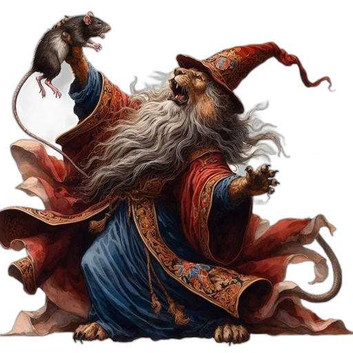 dragon, creature, staff, fantasy art, concept art, photorealistic, anthropomorphic, lion-human transparent PNG cut-out