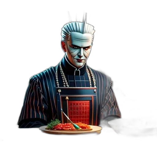 food, face, robot, jacket, concept art, cyberpunk, pixel art, photorealistic transparent PNG cut-out