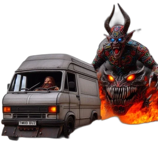 car, concept art, fantasy art, fire, miniature, van, driver, inside transparent PNG cut-out