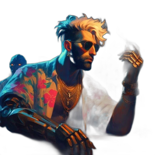 jacket, face, dragon, staff, concept art, cyberpunk, fantasy art, pixel art transparent PNG cut-out