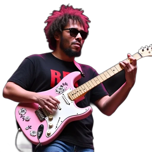 person, playing, electric, guitar, stage, wearing, black, t-shirt transparent PNG cut-out