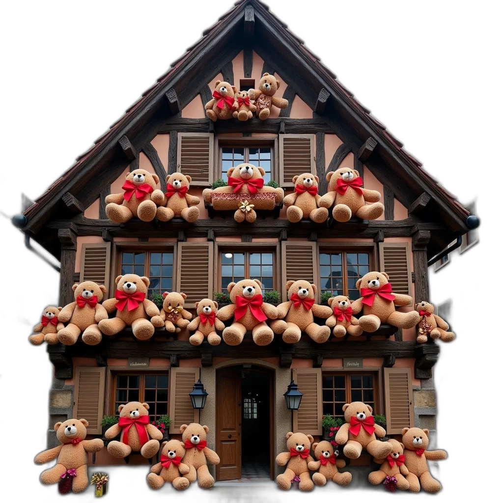 building, 3d render, traditional, european, adorned, numerous, teddy, bears transparent PNG cut-out